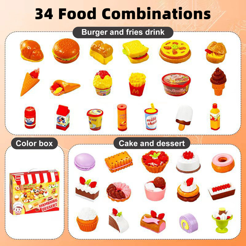 Pretend Play Kitchen Mini Foods Set for Kids Hamburger Fries Dessert with Tray Playset