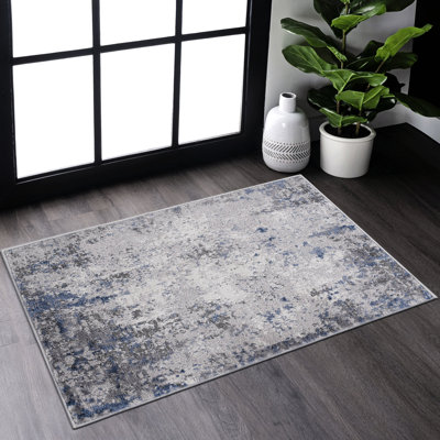 Tapis tissé 2X3, argent / bleu / abstrait, teinture sans perte de couleur, se fond gracieusement avec le salon, la chambre à coucher, la salle à manger, la décoration argent / bleu / abstrait de bureau personnel, sans perte de poils, bon pour