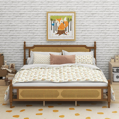 Pine Wooden Bed With Rattan Headboard And Footboard