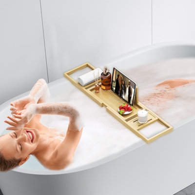 Premium Bathtub Tray,Expandable Bamboo Wooden Bath Trays,Natural