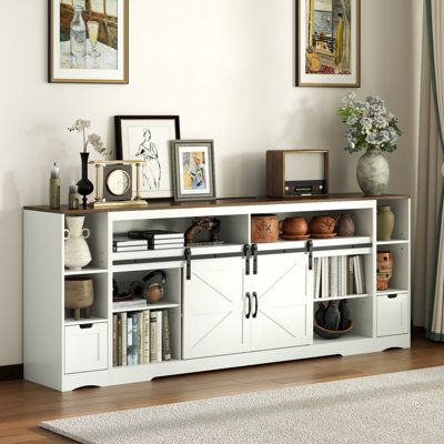 Farmhouse 3 In 1 TV Stand For Up To 85" Tvs, Entertainment Center With Charging Station & Sliding Barn Door, Long Media Console Table With 2 Side Cabinets For Living Room, White
