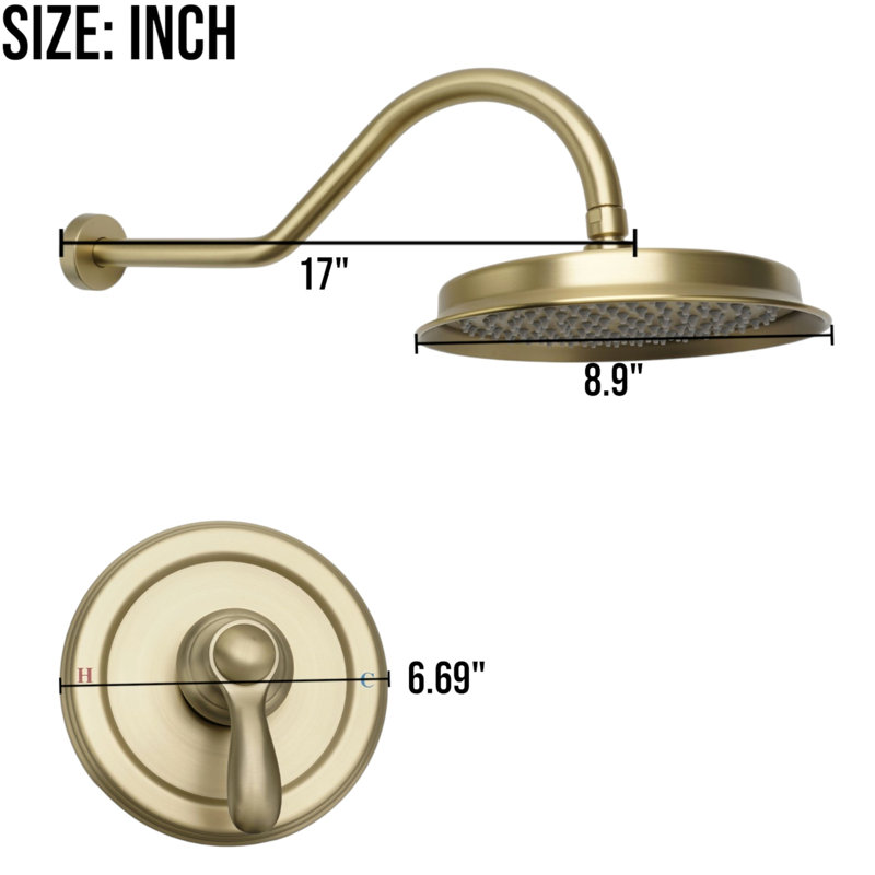 Retro Complete Shower System With Rough-In Valve With 9 Inches Rain Shower Head, Brushed Gold