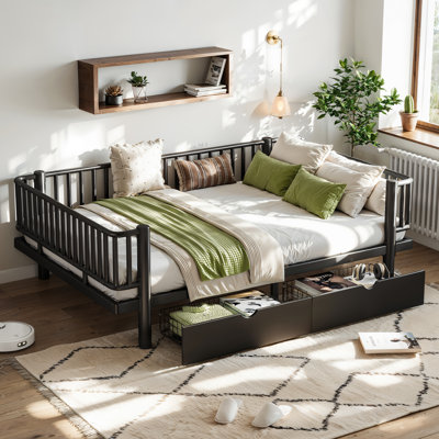 Lit plateforme double avec tiroirs de rangement, structure de lit de jour en métal, conception de tuyau rond de sécurité améliorée, profil bas, BlackNoBoxSpring