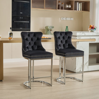 Kratsas Modern Velvet Bar Stools Set of 2 | Button Tufted & Rivet Trim, Chrome Metal Base for Kitchen Island by House of Hampton