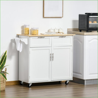 Kitchen Island on Wheels, 41” Modern White Rolling Cart with Rubberwood Top &amp; Storage | White | Rubber Wood