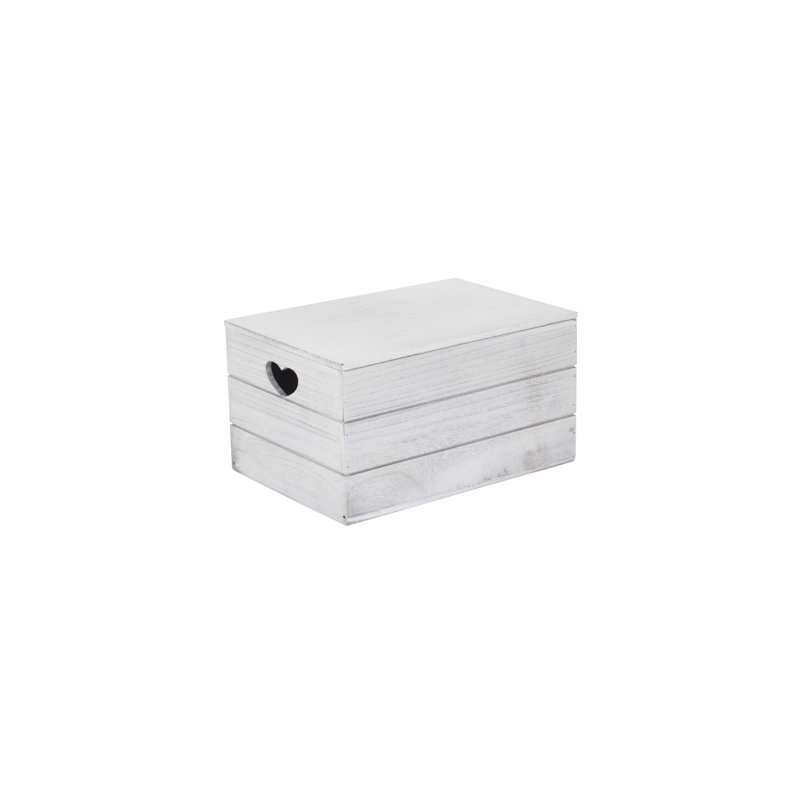 Wooden Lidded Storage Box with Heart Cut Outs, 19cm H x 35cm W x 25cm D, White Wash