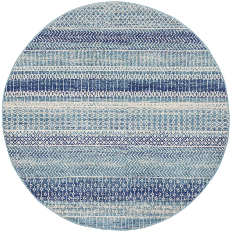 Tapis bleu marine à rayures Gillsville, Rond 5 pi 3 po