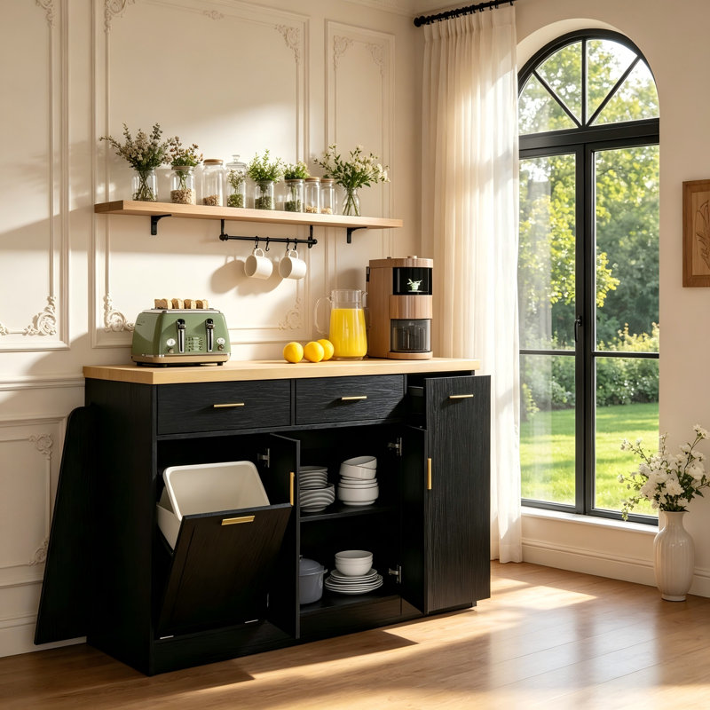 Buffet de rangement multi-usage, armoire d'îlot de cuisine avec portes coulissantes, poubelle encastrée et range-épices à 3 niveaux pour un usage domestique