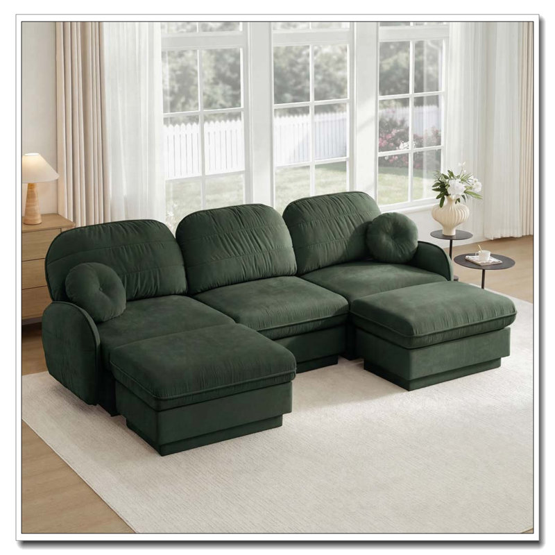 Canapé en chenille Cloud, siège profond avec repose-pieds mobile, Vert + 3 sièges + 2 chaises