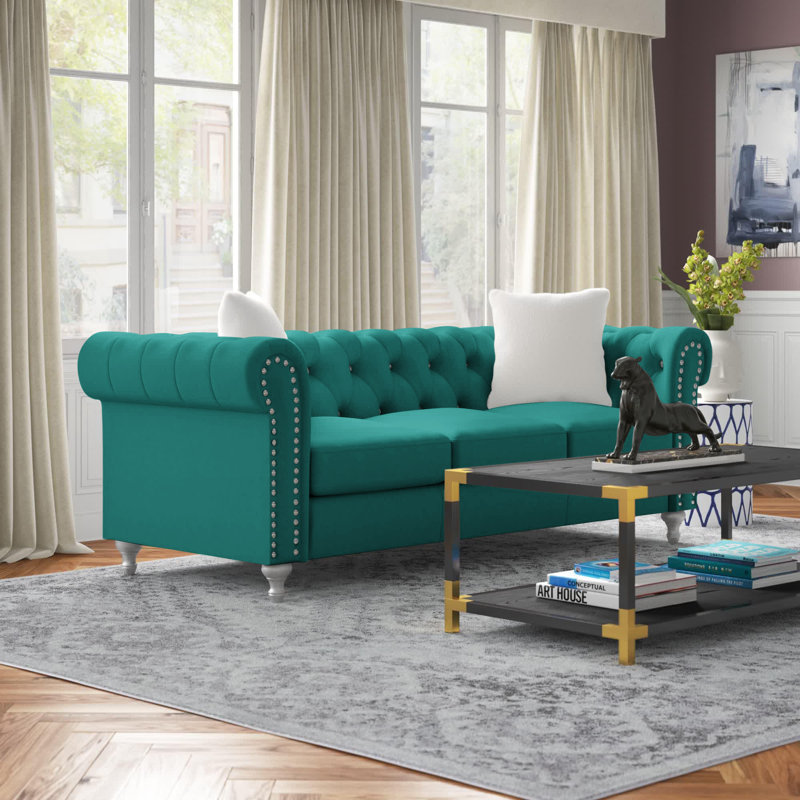 Canapé Chesterfield à accoudoirs roulés de 82 po Julianne, Microfibre / suédine vert