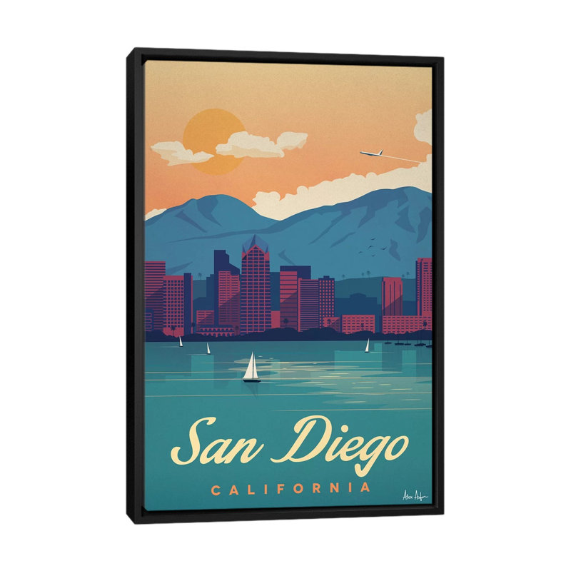 San Diego - impression d'art graphique, H 48 po x l 32 po x P 1,5 po, Toile avec cadre noir, Pas de tapis