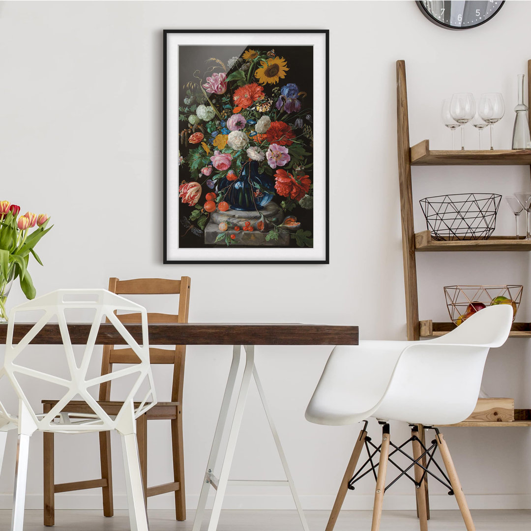 Gerahmtes Papierbild Glasvase mit Blumen