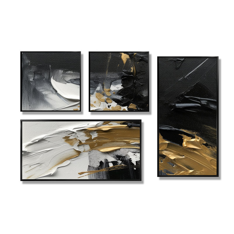 Exquise Darling Gold, vague abstraite sur fond noir I - décoration murale moderne dorée 4 pièces, Noir