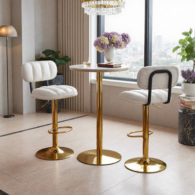 Adjustable Height Round Marble Pub Table With 2 Swivel Bar Stools - Bistro Set For Small Spaces