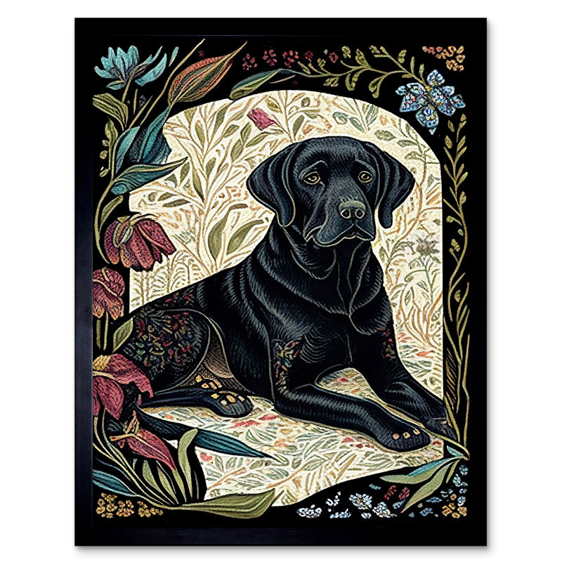 Black Labrador Dog With Floral Patterns Vintage Inspired Linocut - Single Picture Frame Print