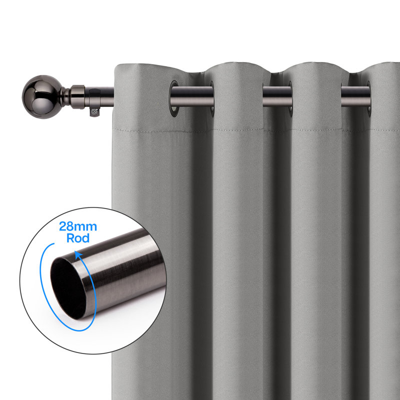 Extendable Plain Metal Curtain Pole And Hardware Set with Finials, Black Nickel, 120-210cm Width
