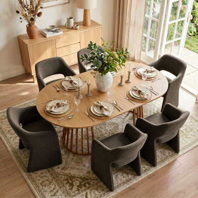 6- Person Dining Table Sets With Extendabe Oval Table & 6 Upholstered Waterproof Dining Chairs