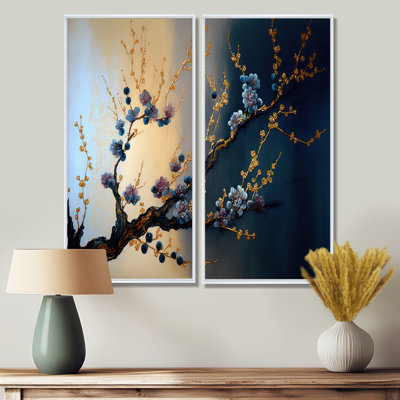 Branche de cerisier bleu I - paysages, bonsaï sur toile, 2 pièces