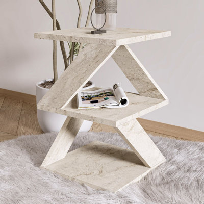 Elegant Side Table, Travertine Colour, 11.6 x 21.4 x 11.6 inches | 100% Melamine Coated Particle Board, Thickness: 0.7 inches | Modern Marble Design, Perfect for Living Room or Bedroom, Stylish & Durable