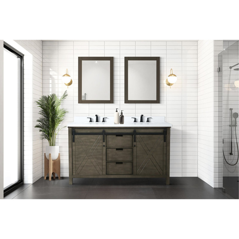 Brun rustique 60 po Large meuble-lavabo double, tiroirs et armoires à fermeture douce, deux tablettes ouvertes pour un rangement généreux, contreplaqué en bois massif E0, brun, assemblage rapide, assemblage rapide