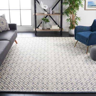 Vermont Hand Woven Wool/Cotton Geometric Rug in Ivory/Blue