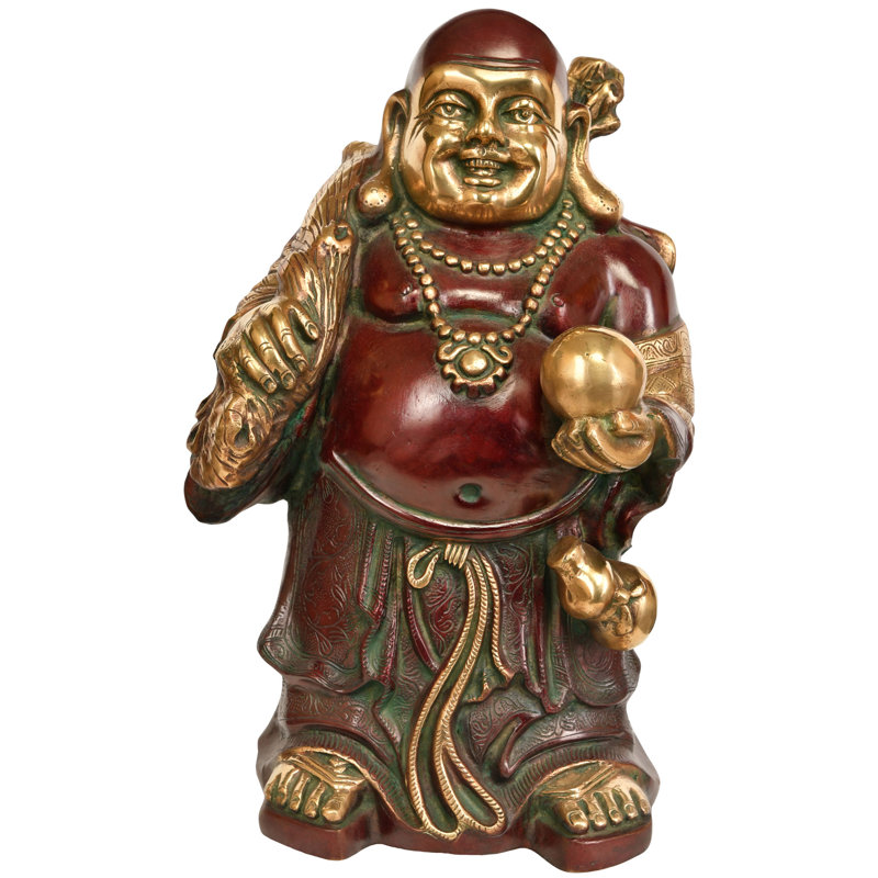 17" Big Laughing Buddha Brass Statue - Handcrafted Budai Sculpture for Wealth Prosperity Home Decor