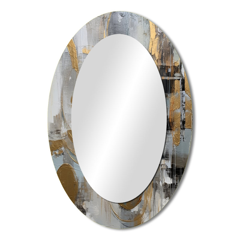 Gold And Grey Radical Simplicity II - Abstract Oval Decorative Mirror On Metal, 36" x 24"
