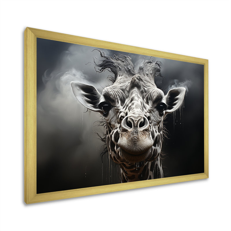 «Black and White Giraffe Portrait Majesty», reproduction sur toile, Cadre doré simple, H 12 po x l 20 po x P 1 po