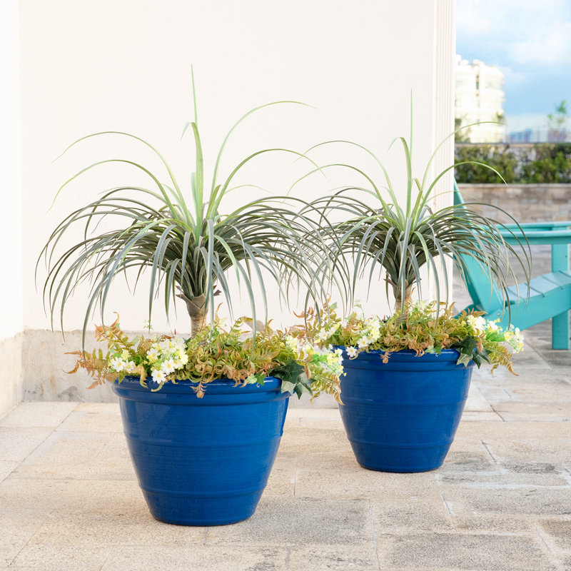 19.5"D Set Of 2 Round Cobalt Blue Faux Ceramic Pot Plastic Planter, Cobalt Blue, 15" H x 19.5" W x 19.5" D