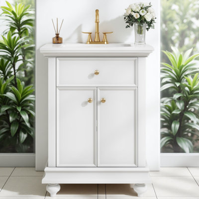 Meuble-lavabo moderne robuste de 24 po avec tiroir basculant et charnières à fermeture en douceur, armoire de salle de bain avec structure ouverte au dos, pieds tournés en boule avec élégance française