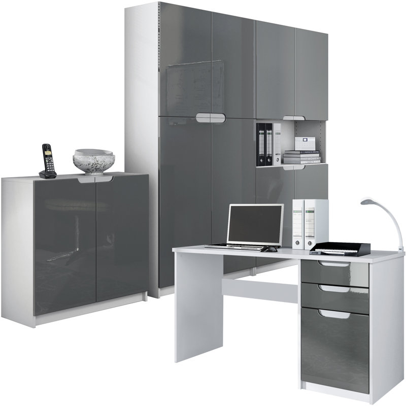 Mazeppa 3 Piece Writing Desk Office Set, Grey/White Base