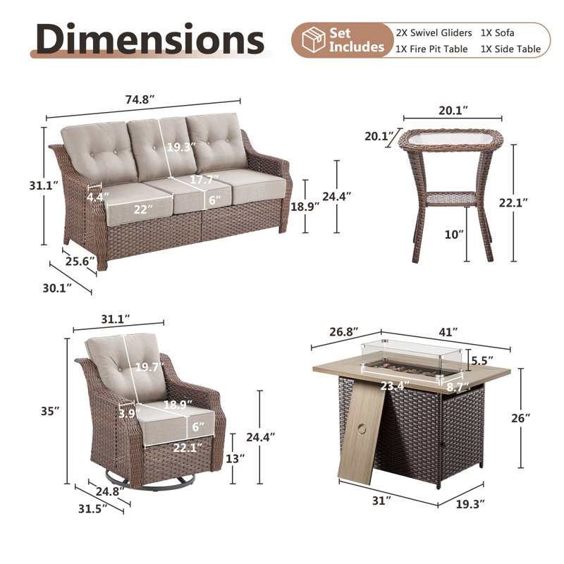 Acton 5 - Pieces Outdoor Wicker Sofa Seating Group With 6" Thick Cushions And Fire Pit, Beige