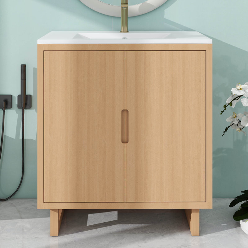 Ensemble de meuble-lavabo 30 po avec lavabo, armoire combinée, armoire de rangement en bois massif avec poignée et portes invisibles, portes à fermeture en douceur