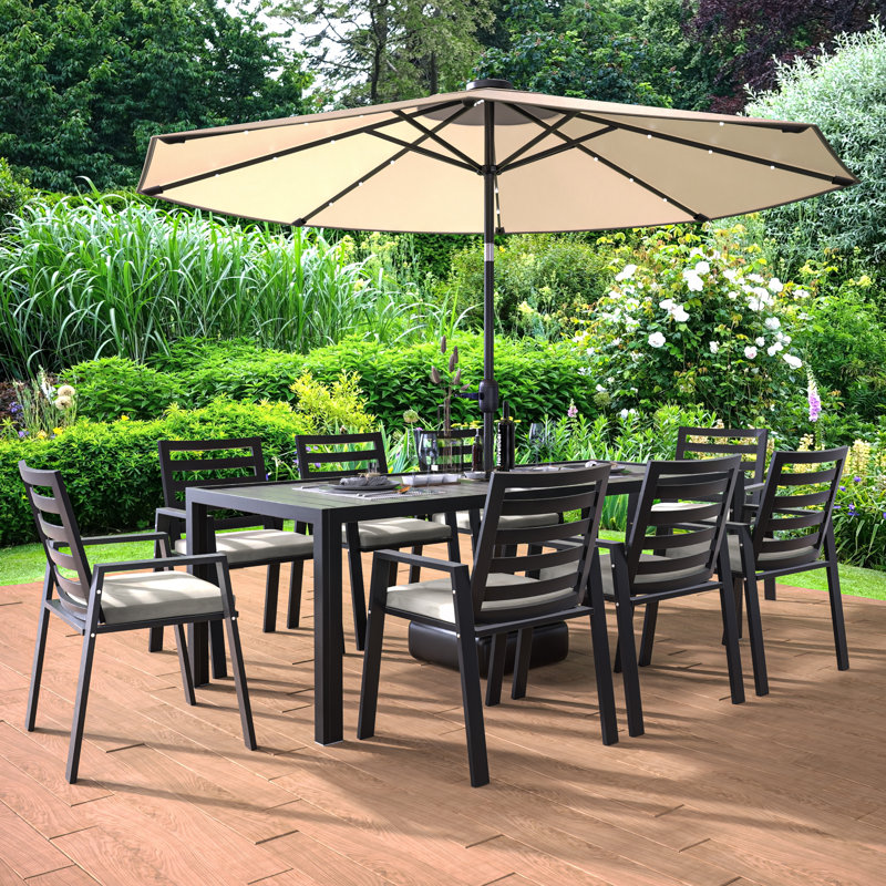 Letendre 9-Piece Outdoor Dining Set Rectangular Dining Table with Slats and 8 Arm Chairs in Aluminum, Beige