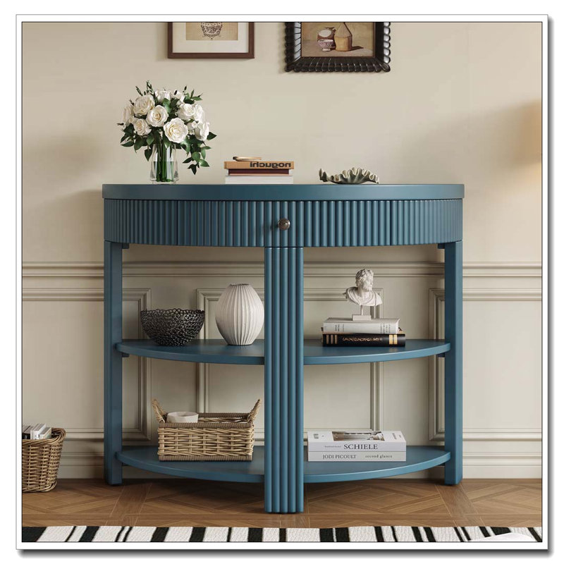 Console cannelée demi-lune avec tiroir et tablettes, Navy