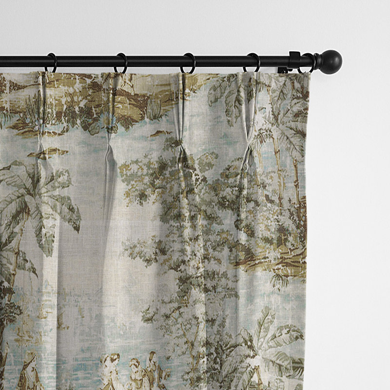 French Countryside Linen Blend Toile Room Darkening Pinch Pleat Curtain Panel, 40" W X 84" L