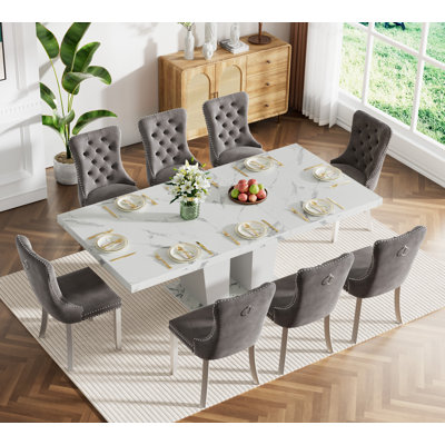 62.99" -78.74" Extendable Dining Table Set, White Dining Room Table & Velvet Dining Chairs with Stainless Leg, Rustic Kitchen Dining Table and Chairs by House of Hampton