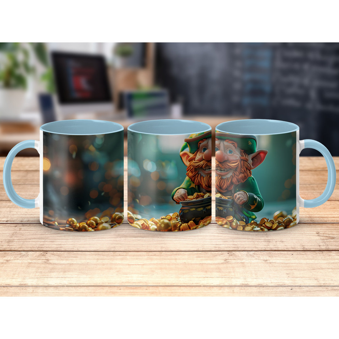 Set of 2 Colourful 3D Design 11oz Accent Mugs – White Ceramic Coffee Cups with a Light Blue Handle and Interior