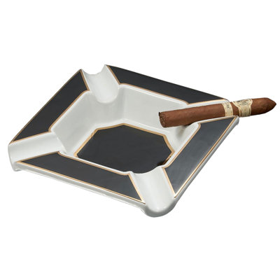 Visol Festus Large Matte Black & Gold Ceramic Cigar Ashtray With 4 Cigar Rests