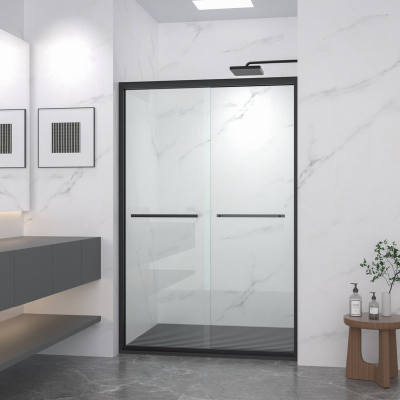 Porte de douche double coulissante en aluminium 44-48 "X72", dérivation, verre trempé transparent 5/16 ", finition noir mat