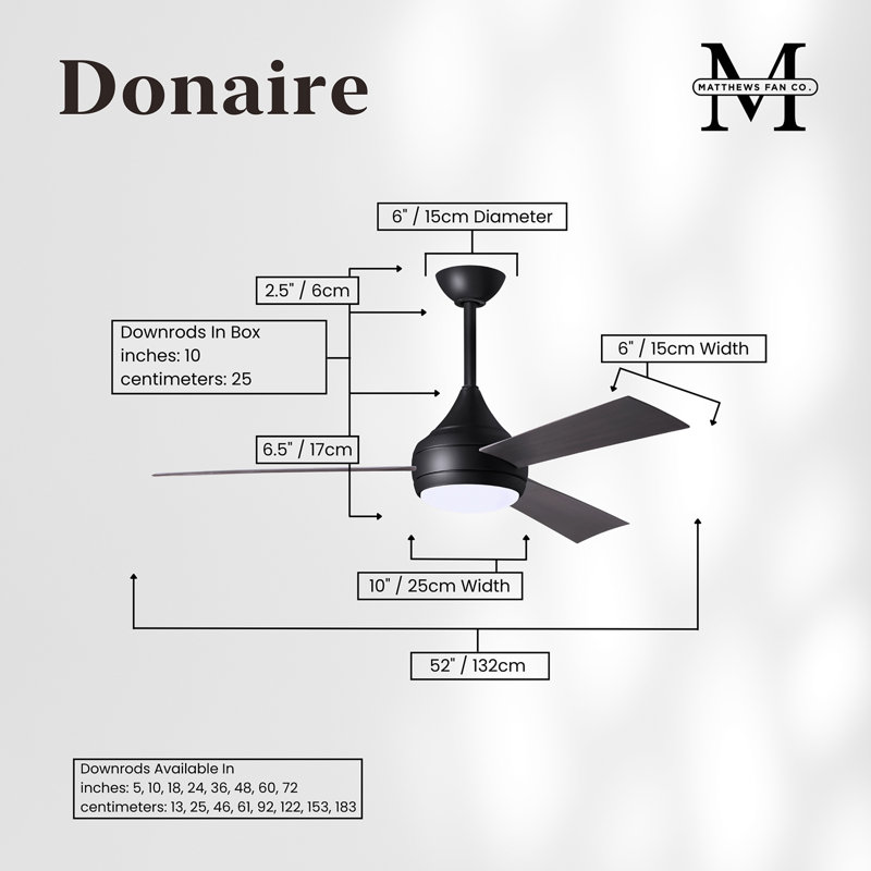 Donaire LED Outdoor Downrod Ceiling Fan, Matte Black, Brushed Bronze