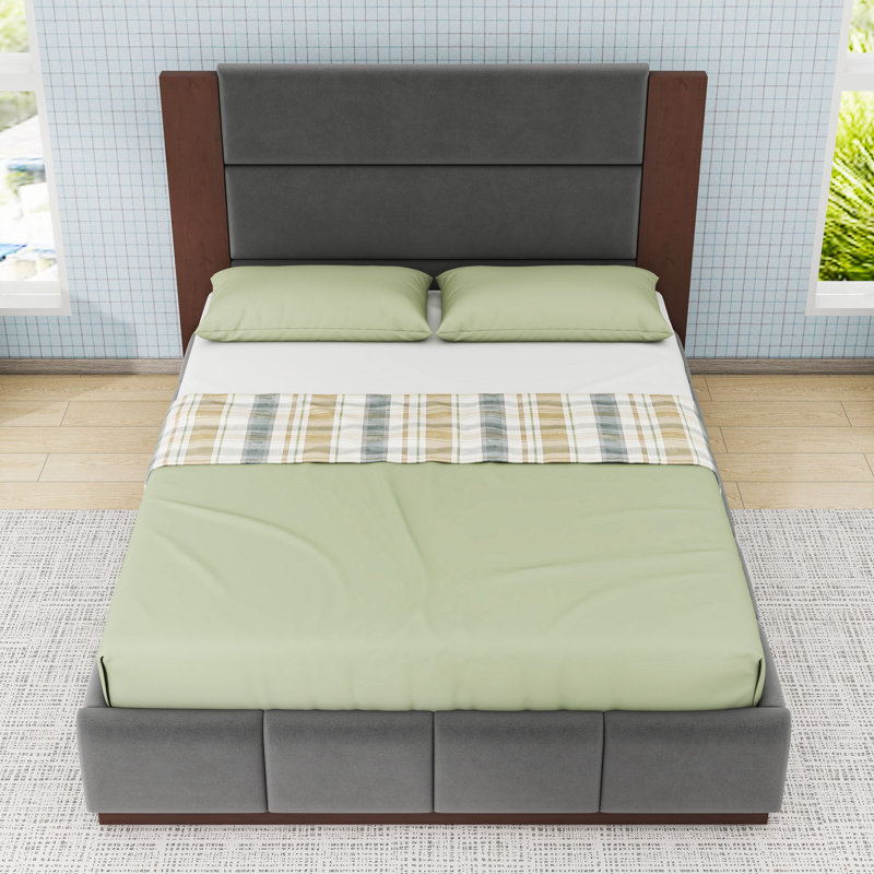 Lit plateforme tapissier avec tête de lit allongée, Gris, Grand lit