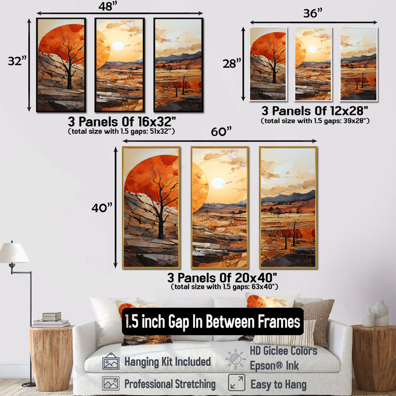 Orange Sunset, paysage abstrait, art mural Meadow - Paysage abstrait, Cadre flottant doré, H 32 po x l 48 po x P 1 po