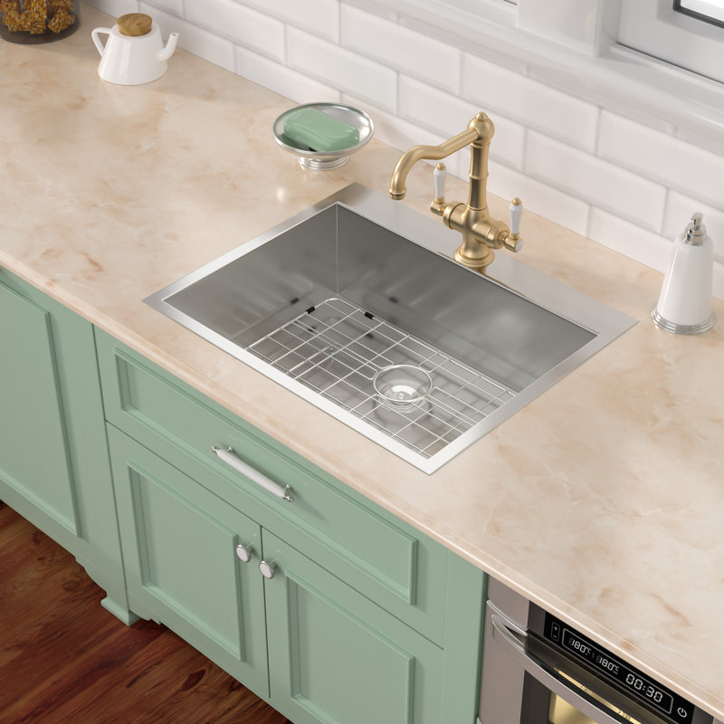 25 Inch Drop In Kitchen Sink 16 Gauge Stainless Steel Single Bowl Topmount Sink, 25", Brushed Nickel