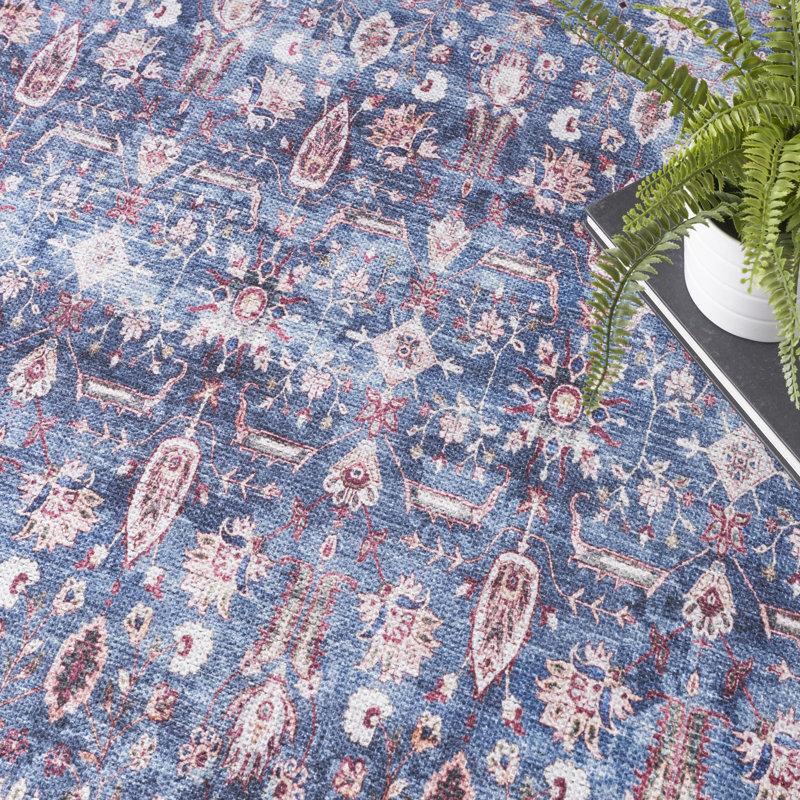 Machine Washable Persian Blue Brick Area Rug, Rectangle 5'3" x 7'3"