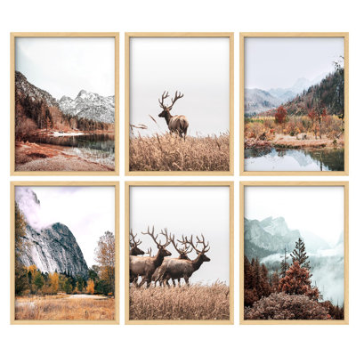 Art mural encadré, ensemble de galerie de collage, nature sauvage rustique, cerf majestueux et forêt d'automne, illustrations, nature, décoration, coloré pour le salon, la chambre à coucher, le bureau
