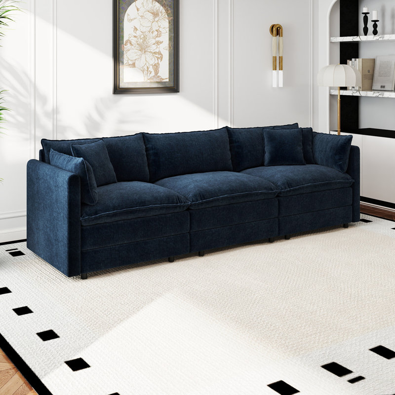 Modern Chenille Sofa Upholstered Couch, 33.85" H x 112.20" W x 35.82" D, 3, Blue