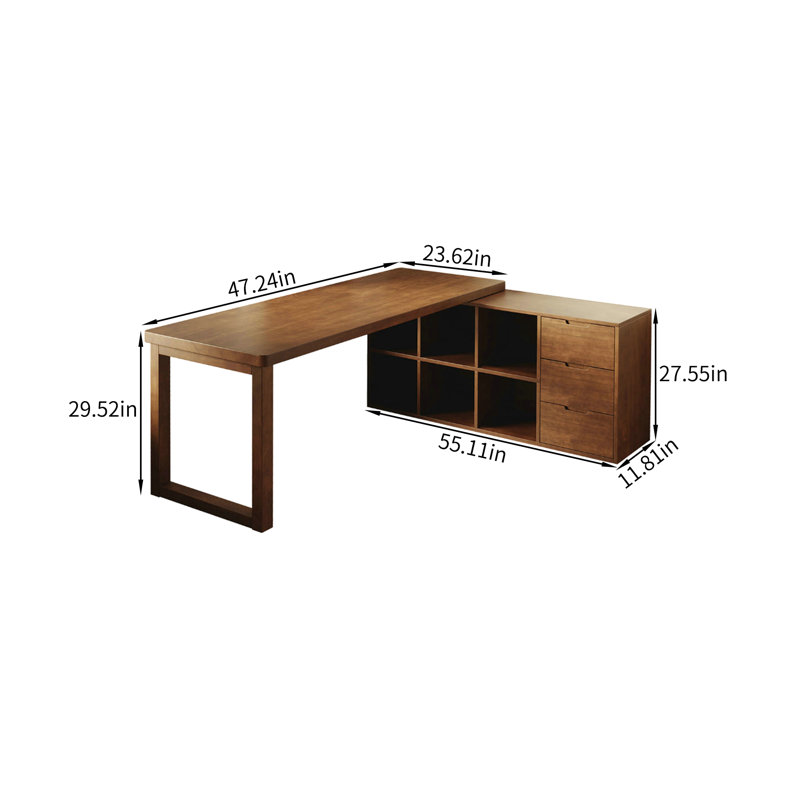 Bureau d'écriture moderne en bois massif brun noyer, en forme de L, 29.52" H x 47.24" W x 55.11" D
