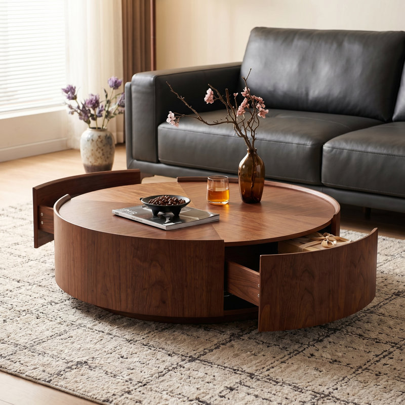 Table basse en noyer avec motif en mosaïque fabriqué à la main et base en anneau de fer, table d'appoint ronde moderne pour le bureau du salon et de la chambre à coucher