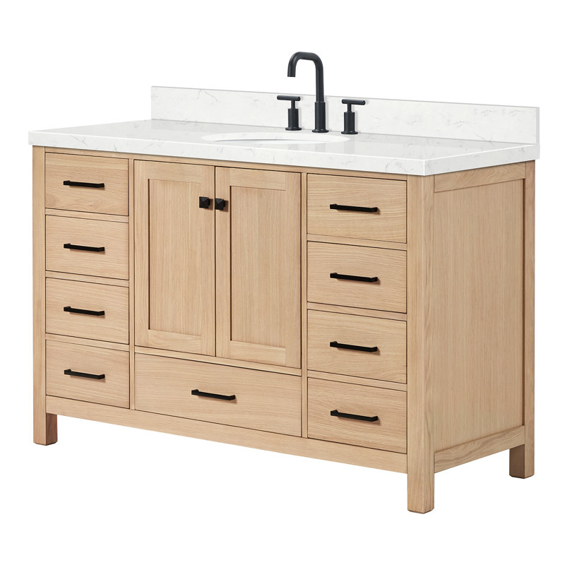 Cambridge 54.25'' Single Bathroom Vanity with Carrara Quartz Top, Oak/Matte Black